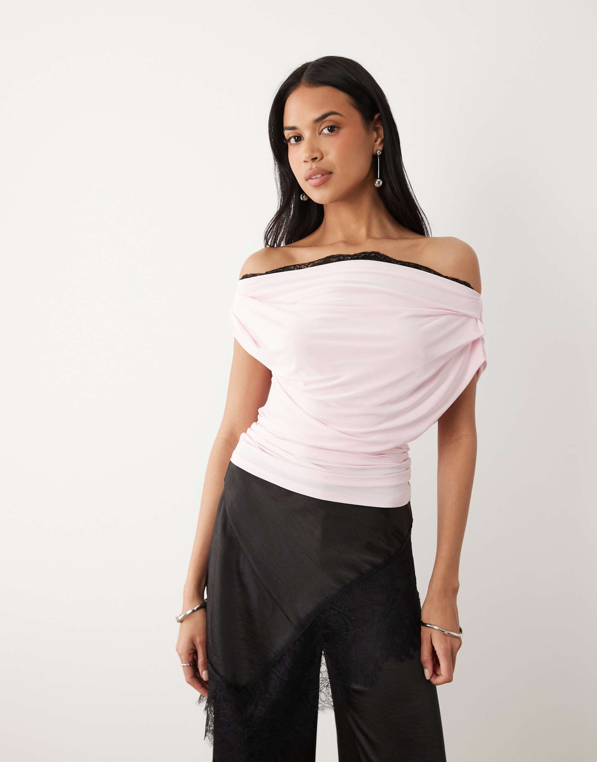 asos design slinky lace trim off the shoulder top in pink