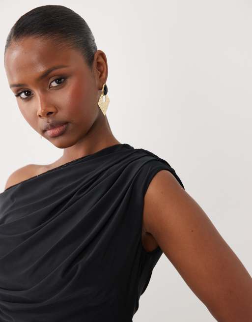 ASOS DESIGN slinky lace trim one-shoulder mini dress in black, 3 of 4