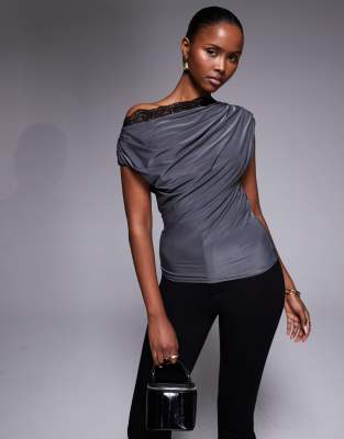 Asos Design Slinky Lace Trim One Shoulder Top In Gray