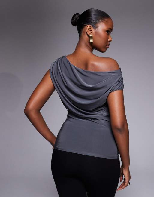 ASOS DESIGN slinky lace trim one shoulder top in charcoal, 2 of 4
