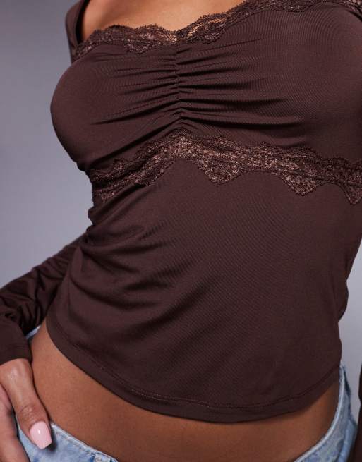 ASOS DESIGN slinky lace trim square neck ruched front long sleeve top in chocolate, 2 of 4