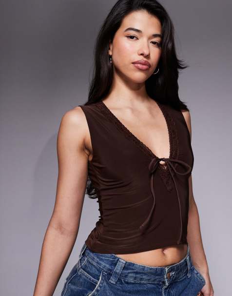ASOS DESIGN slinky lace trim tie detail top in brown