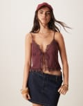 [ASOS DESIGN] ASOS DESIGN slinky lace trim tie-front top in berry-Purple XS Berry