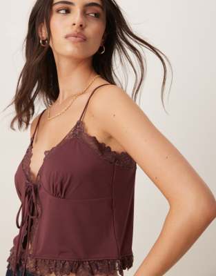 Asos Design Slinky Lace Trim Tie Front Top In Burgundy