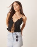 [ASOS DESIGN] ASOS DESIGN slinky lace trim tie front top in black S Black