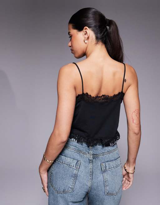 ASOS DESIGN slinky lace trim tie front top in black
