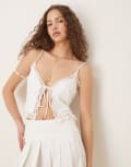 [ASOS DESIGN] ASOS DESIGN slinky lace trim tie front top in white M White