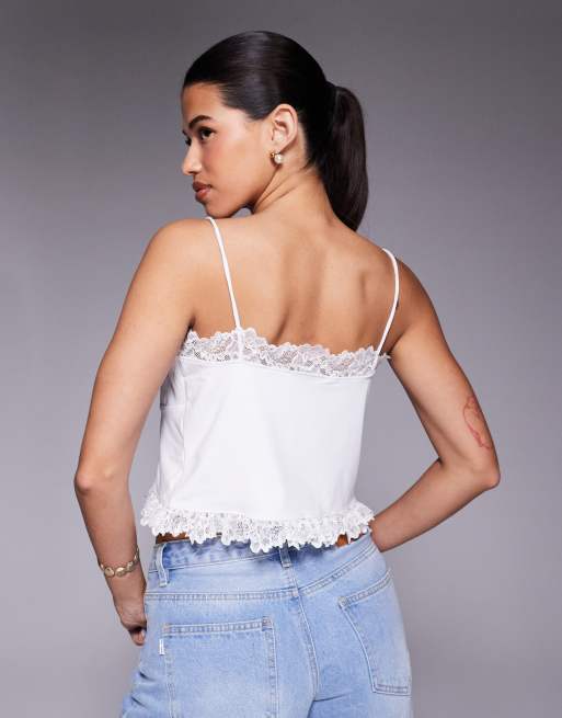 ASOS DESIGN slinky lace trim tie front top in white