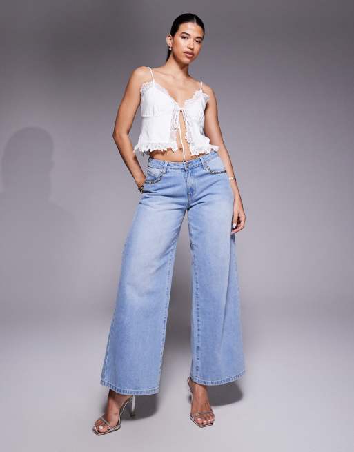 ASOS DESIGN slinky lace trim tie front top in white