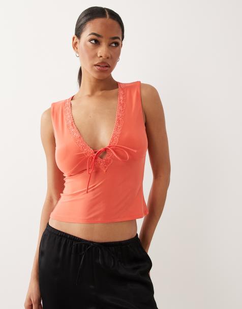 ASOS DESIGN slinky lace trim top in coral - view 1