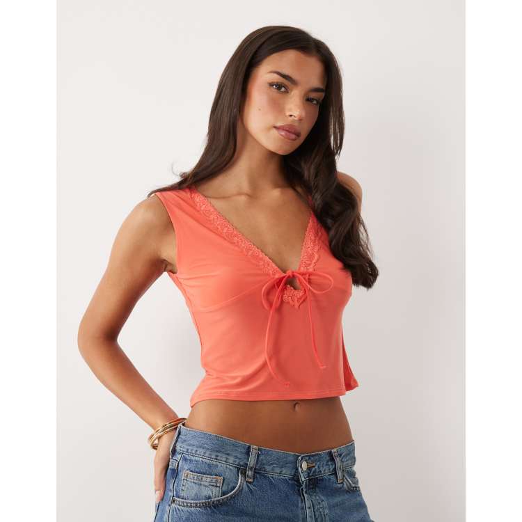 ASOS DESIGN slinky lace trim top in coral | ASOS