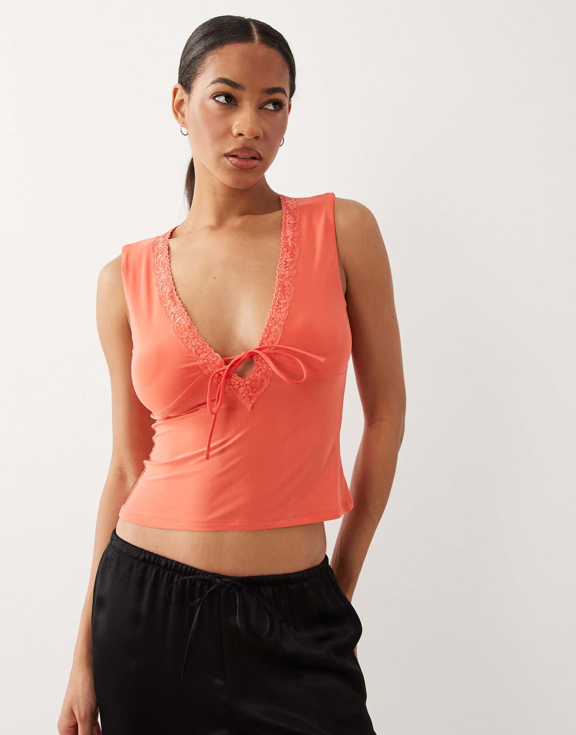 asos design slinky lace trim top in coral