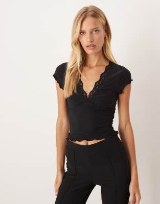 ASOS DESIGN slinky lace trim v-neck top in black