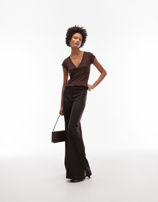 ASOS DESIGN slinky lace trim v-neck top in brown, 4 of 4