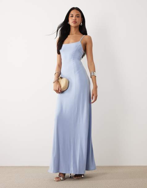 ASOS DESIGN slinky lace up back maxi slip dress in pastel blue - view 1