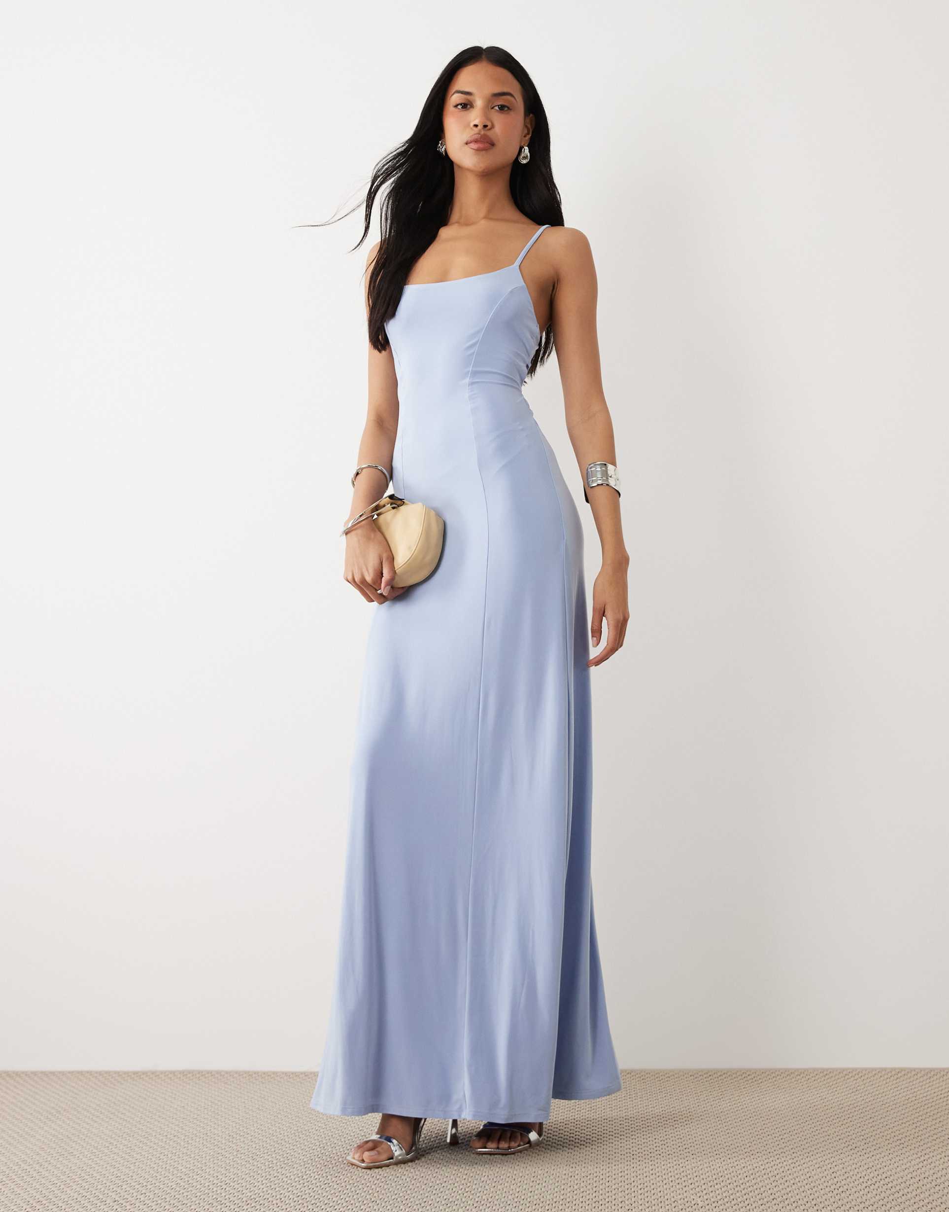 asos design slinky lace up back maxi slip dress in pastel blue