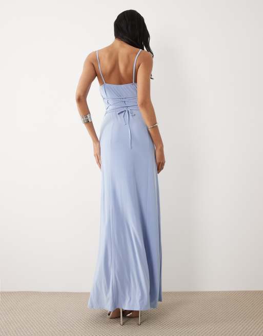 ASOS DESIGN slinky lace up back maxi slip dress in pastel blue, 4 of 4