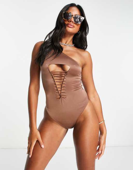 ASOS DESIGN slinky ladder detail swimsuit in brown