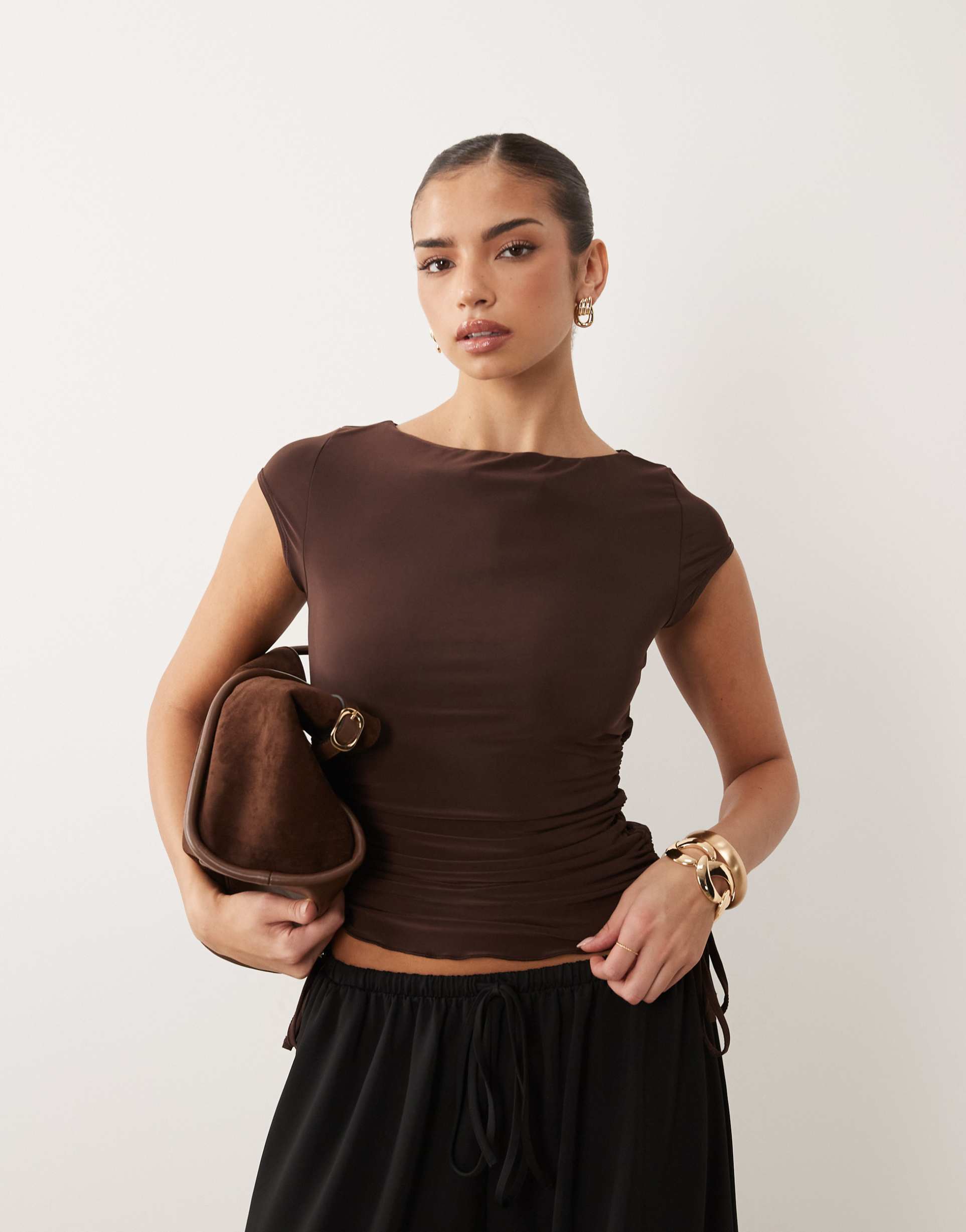asos design slinky lettuce edge cap sleeve top with ruching channel in brown