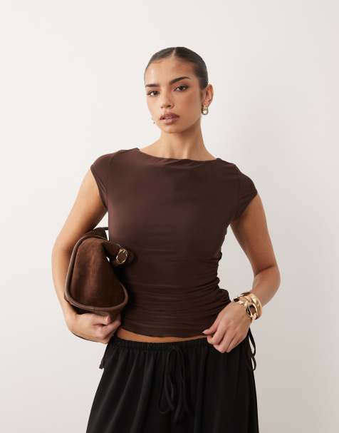 ASOS DESIGN slinky lettuce edge cap sleeve top with ruching channel in brown