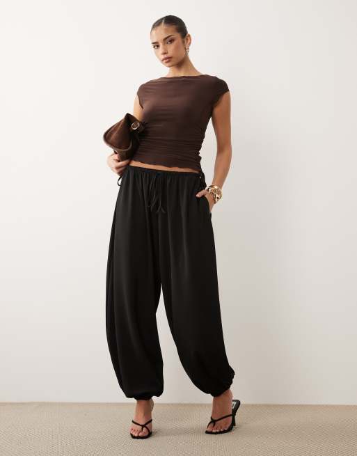 ASOS DESIGN slinky lettuce edge cap sleeve top with ruching channel in brown, 2 of 4