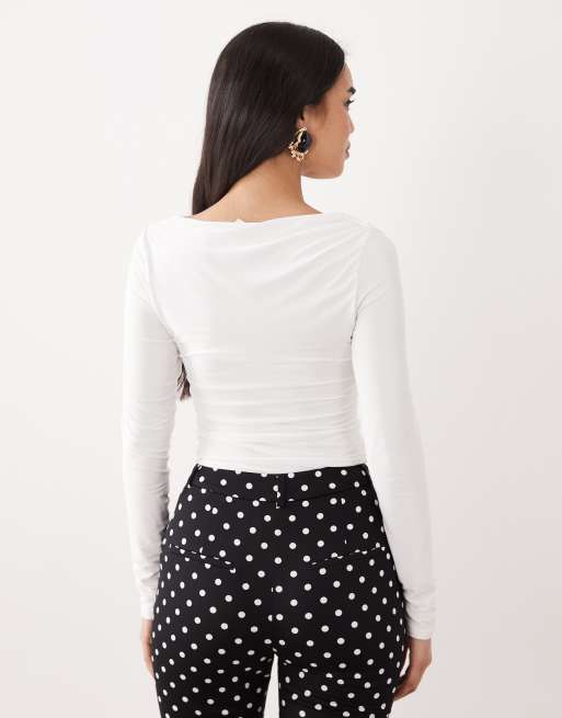 ASOS DESIGN slinky long sleeve asymmetric slash neck top with ruching side in cream, 3 of 4