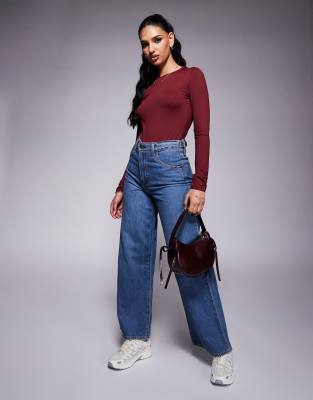 Asos Design Slinky Long Sleeve Bodysuit In Red
