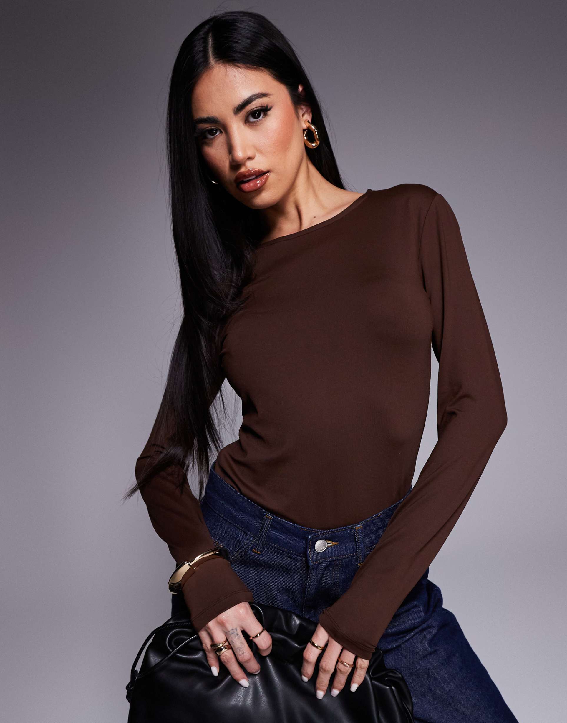 asos design slinky long sleeve bodysuit in chocolate