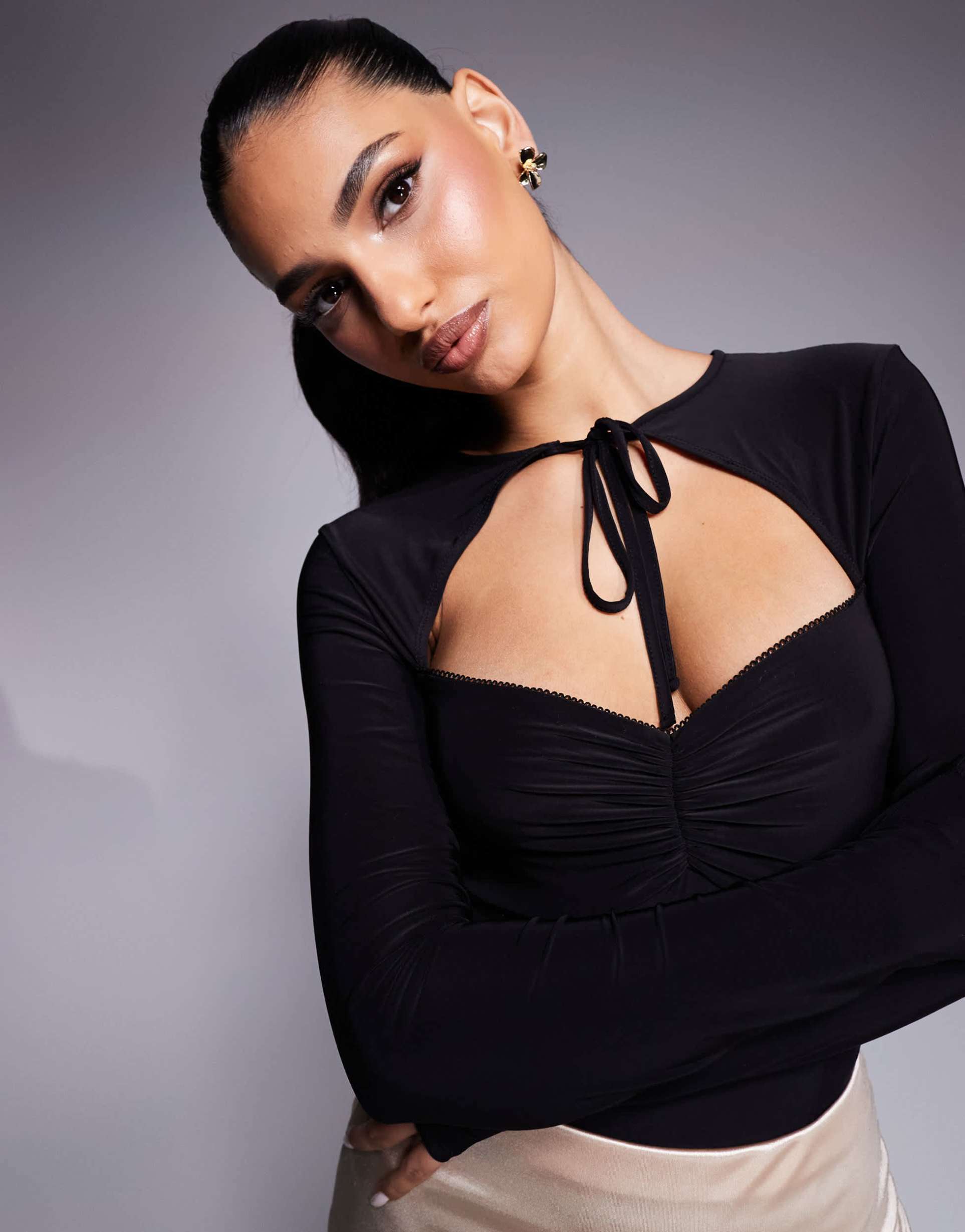 asos design slinky long sleeve bodysuit with tie detail in black