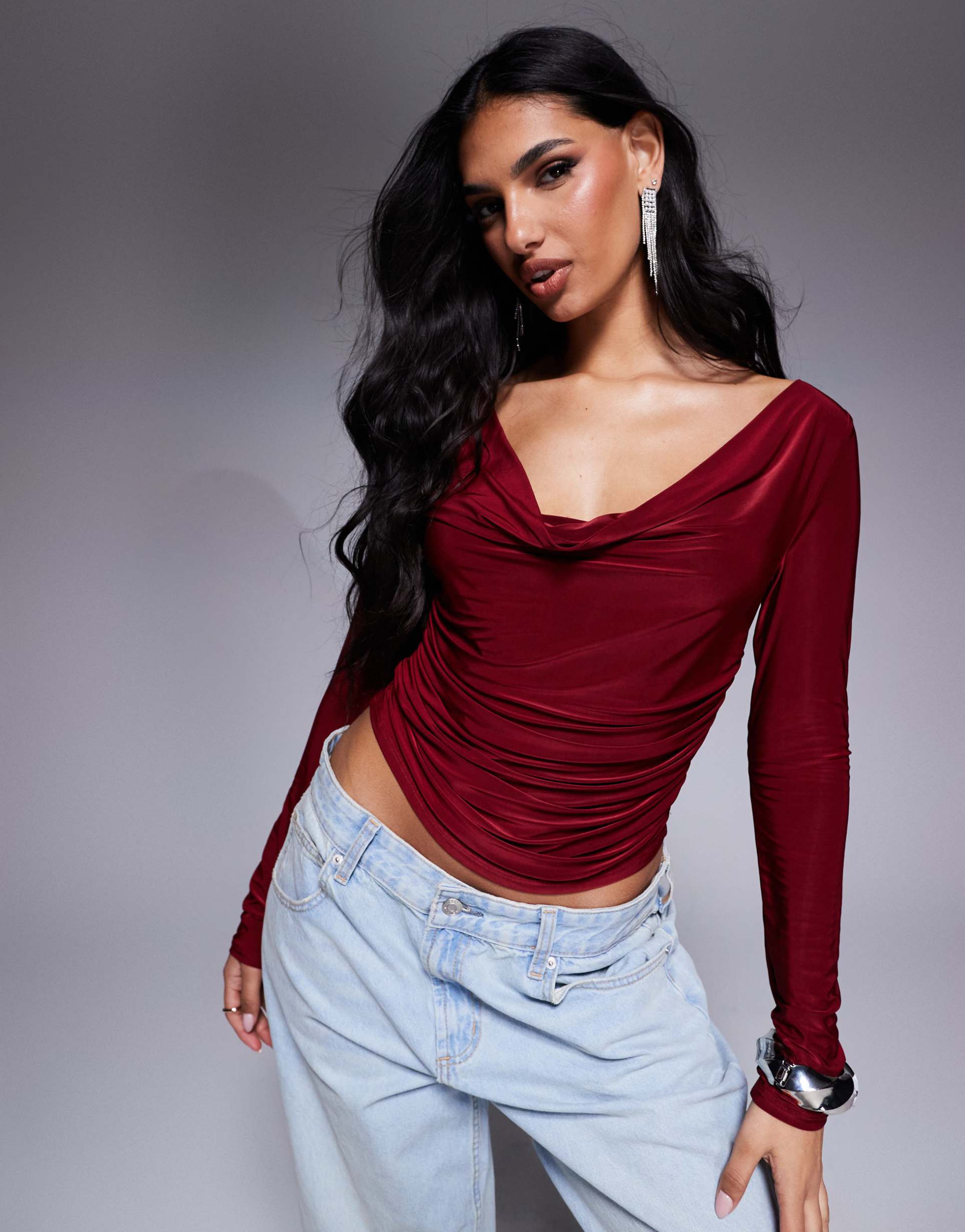 asos design slinky long sleeve cowl top in burgundy