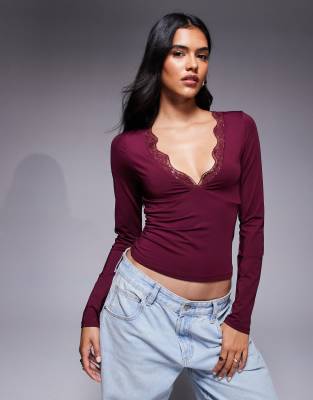 ASOS DESIGN slinky long sleeve deep v neck top with lace in burgundy-Red