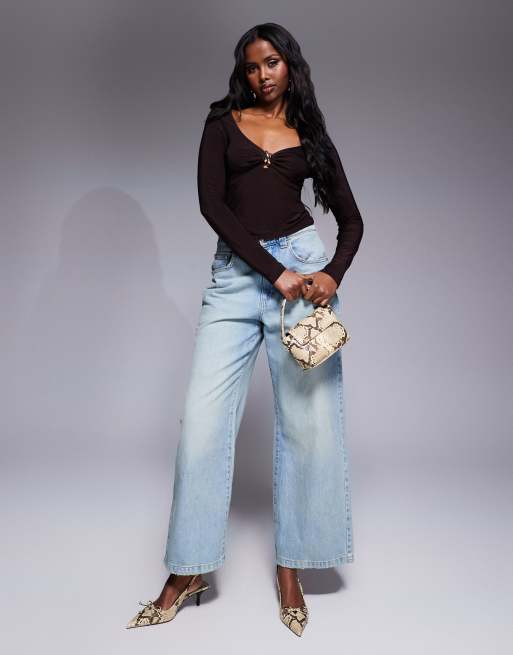ASOS DESIGN slinky long sleeve gold detail twist top in chocolate | ASOS