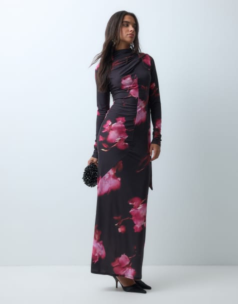 ASOS DESIGN slinky long sleeve high neck scarf detail maxi dress in black floral print - view 1