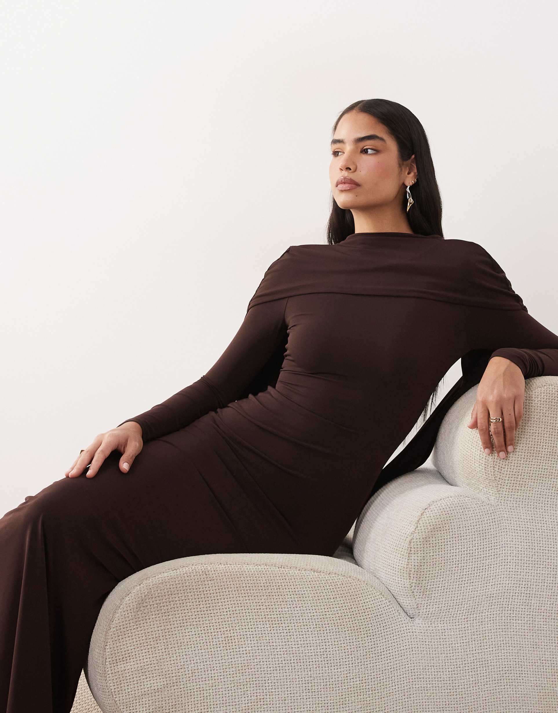 asos design slinky long sleeve maxi dress with extreme cape shoulder detail in chocolate