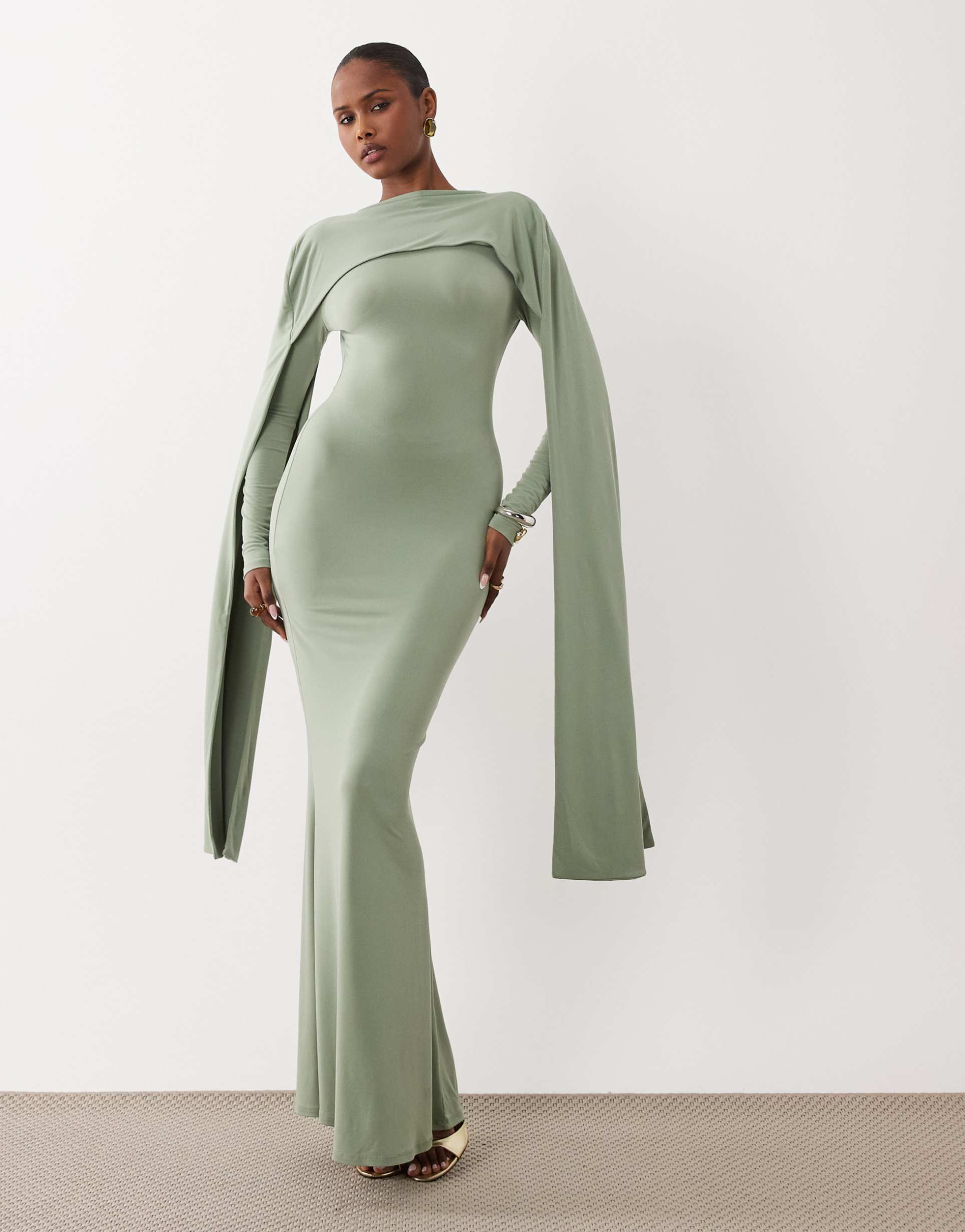 asos design slinky long sleeve maxi dress with extreme cape shoulder detail in sage green