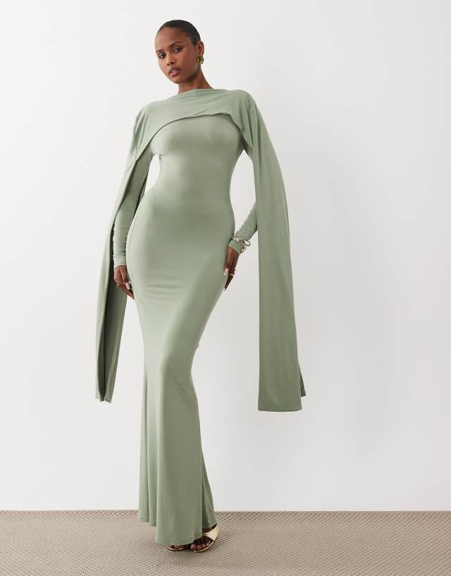 ASOS DESIGN slinky long sleeve maxi dress with extreme cape shoulder detail in sage green