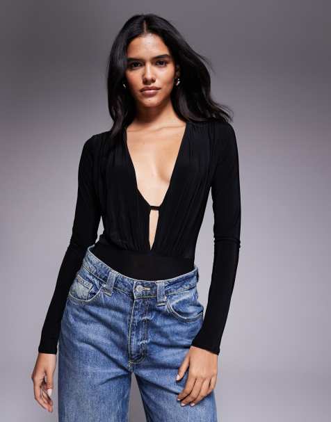 ASOS DESIGN slinky long sleeve ruched plunge bodysuit in black - view 1
