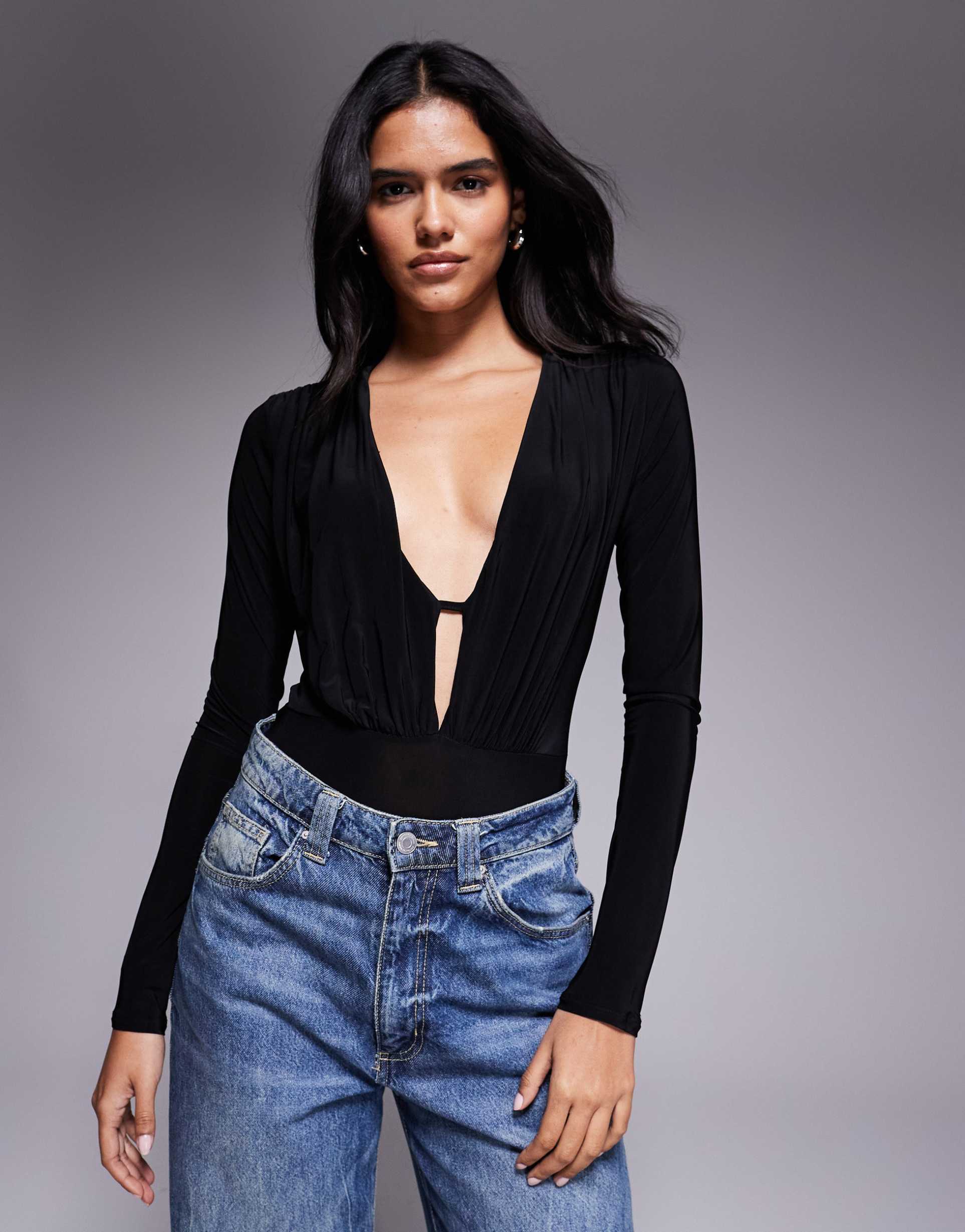 asos design slinky long sleeve ruched plunge bodysuit in black