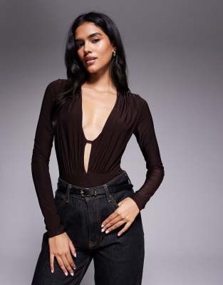 Asos Design Slinky Long Sleeve Ruched Plunge Bodysuit In Brown