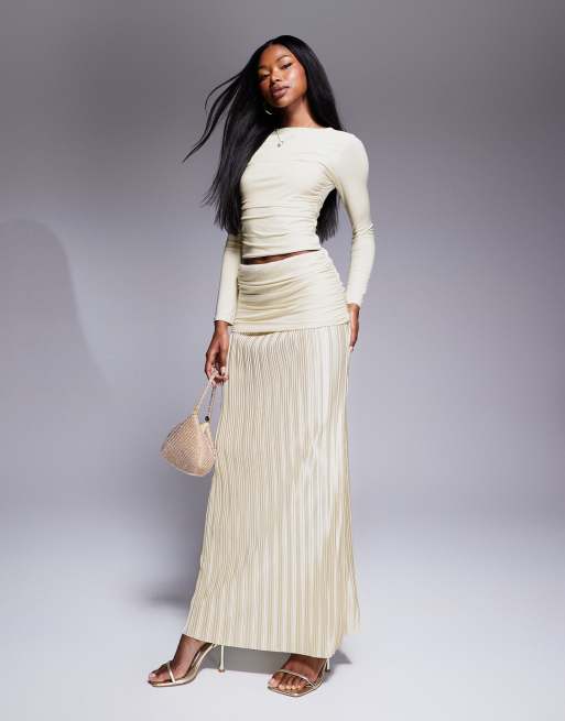 ASOS DESIGN slinky long sleeve ruched top in ivory (part of a set), 3 of 4