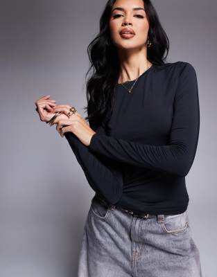 Asos Design Slinky Long Sleeve Top In Black