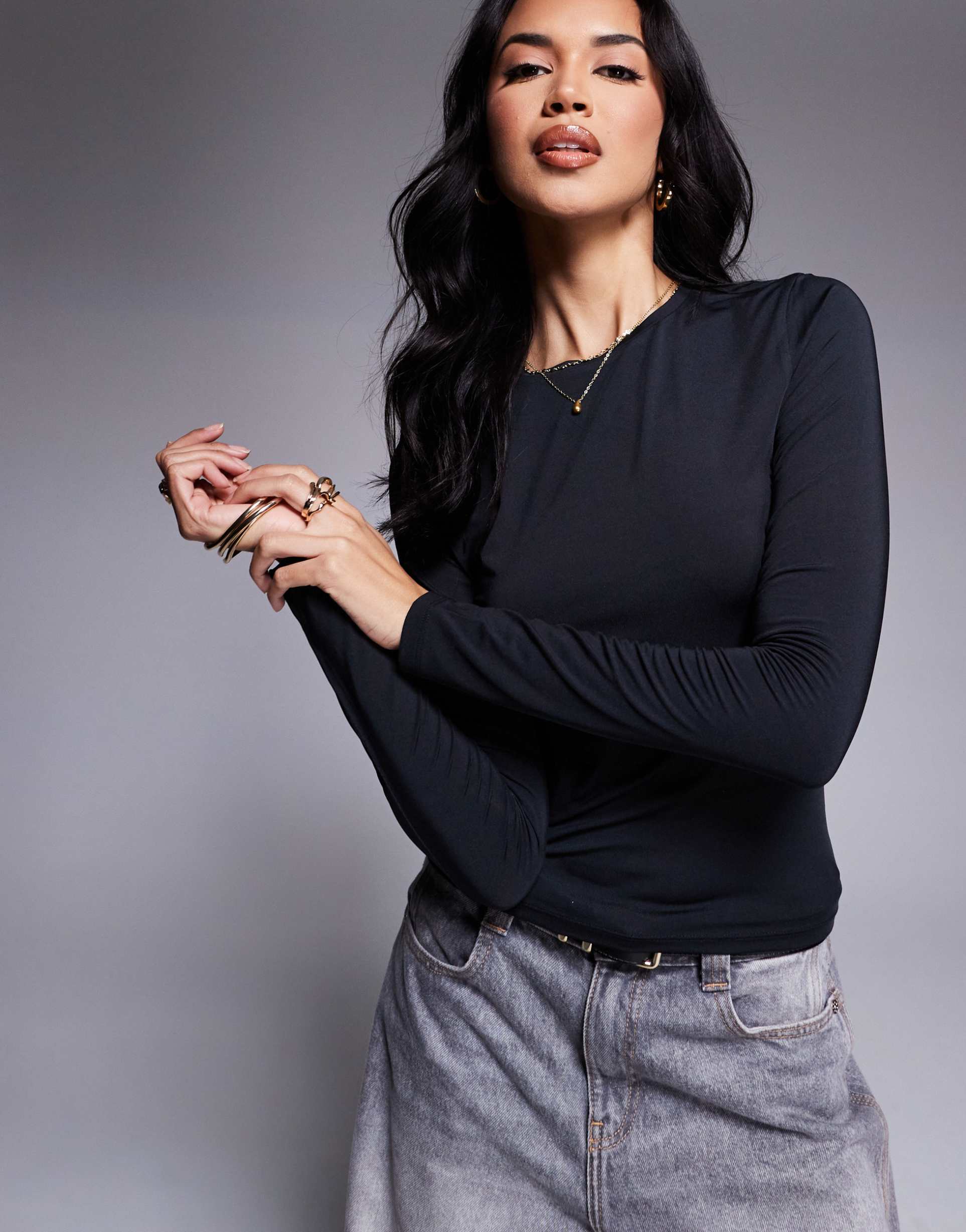 asos design slinky long sleeve top in black