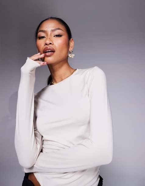 ASOS DESIGN slinky long sleeve top in neutral - view 1