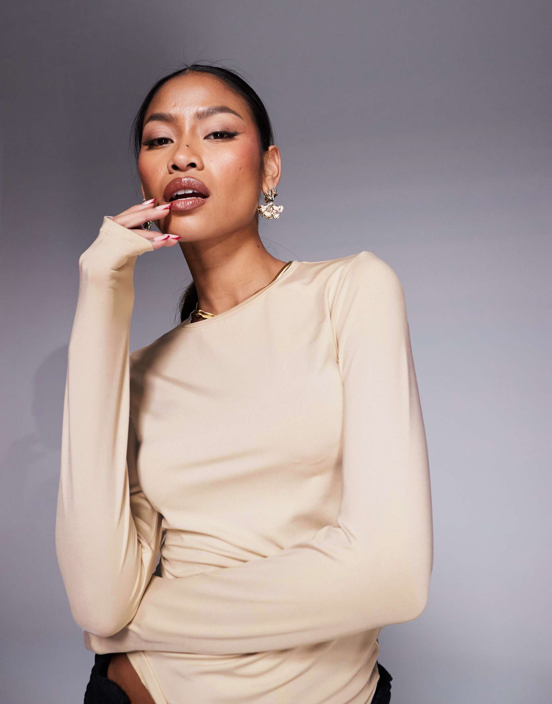 asos design slinky long sleeve top in neutral