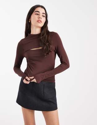 Asos Design Slinky Long Sleeve Top With Cut Out Detail In Brown