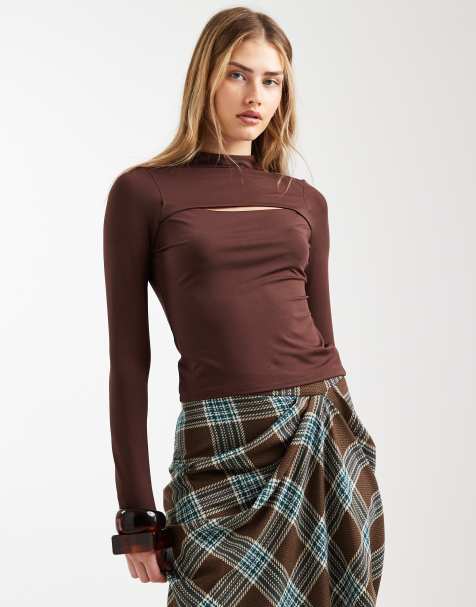 ASOS DESIGN slinky long sleeve top with cut-out detail in chocolate - view 1