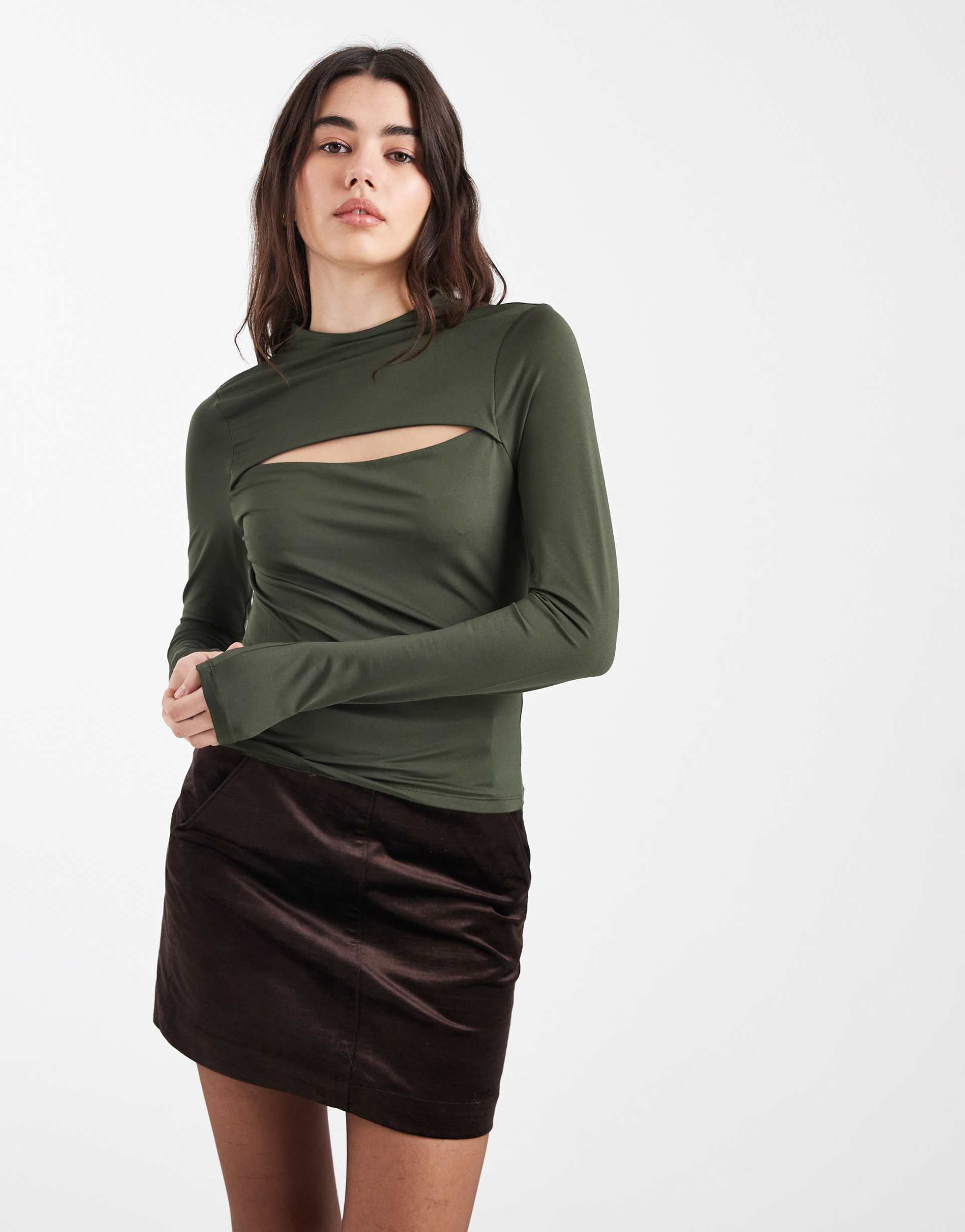 asos design slinky long sleeve top with cut-out detail in green