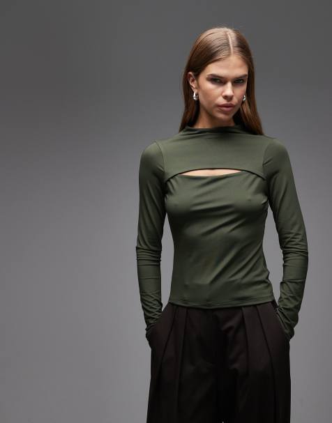 ASOS DESIGN slinky long sleeve top with cut out detail in khaki green - view 1