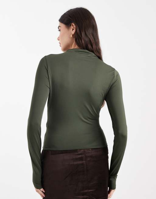 ASOS DESIGN slinky long sleeve top with cut out detail in khaki green, 4 of 4