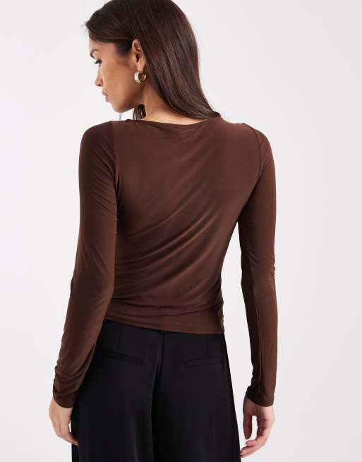 ASOS DESIGN slinky long sleeve top with ruched boat neck in chocolate, 4 of 4